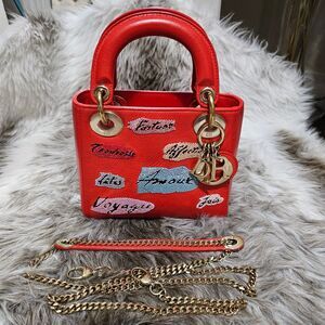 $6000 Christian Dior Lady Dior Mini Red Sequin Embellished Calfskin Leather Bag